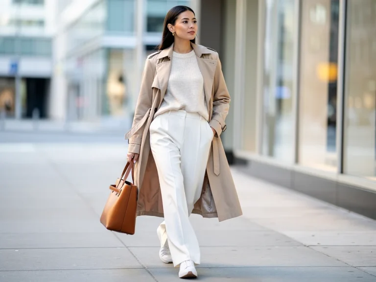 Stylish woman in beige trench coat and white trousers, embodying neutral casual fashion 2026.