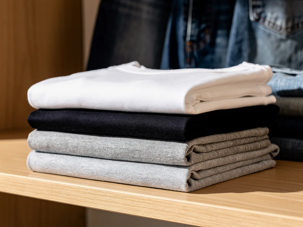Stack of high-quality neutral colored t-shirts for men's casual wear