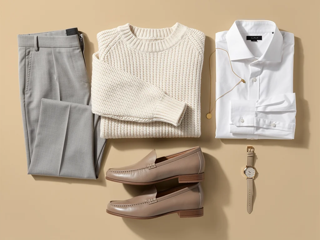 Flat lay of neutral wardrobe essentials for versatile styling.