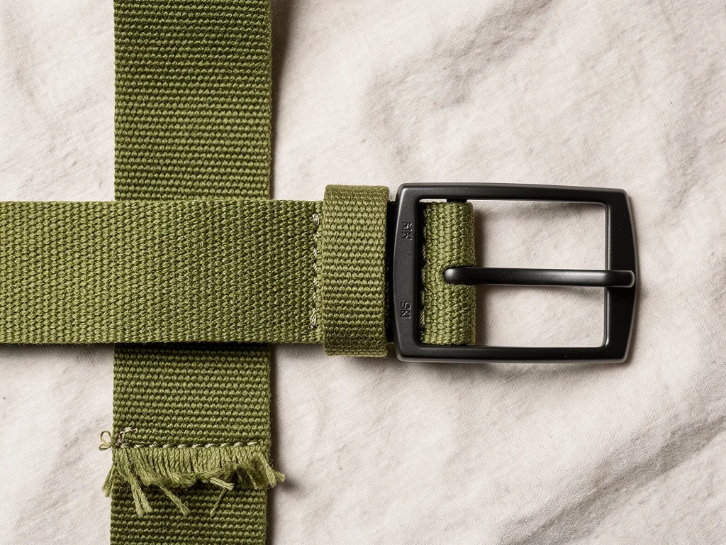 Olive green canvas web belt with a matte black buckle, emphasizing durability and military-inspired casual design.