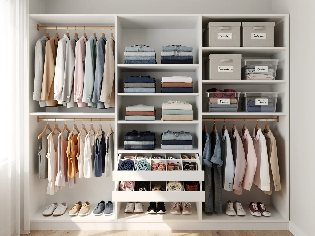 Organized closet with casual clothes, showcasing smart storage for longevity.