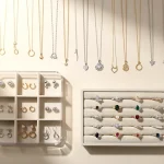Organized jewelry collection with necklaces, earrings, and rings