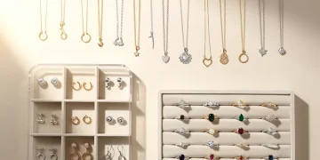 Organized jewelry collection with necklaces, earrings, and rings
