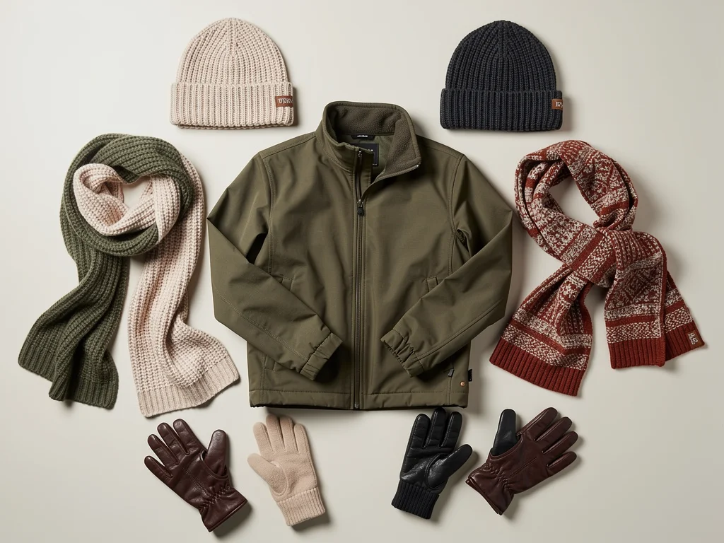Flat lay of casual outerwear accessories complementing a jacket.