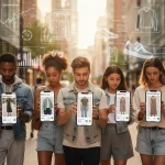 Diverse models in personalized casual wear, interacting with fashion tech