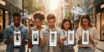 Diverse models in personalized casual wear, interacting with fashion tech