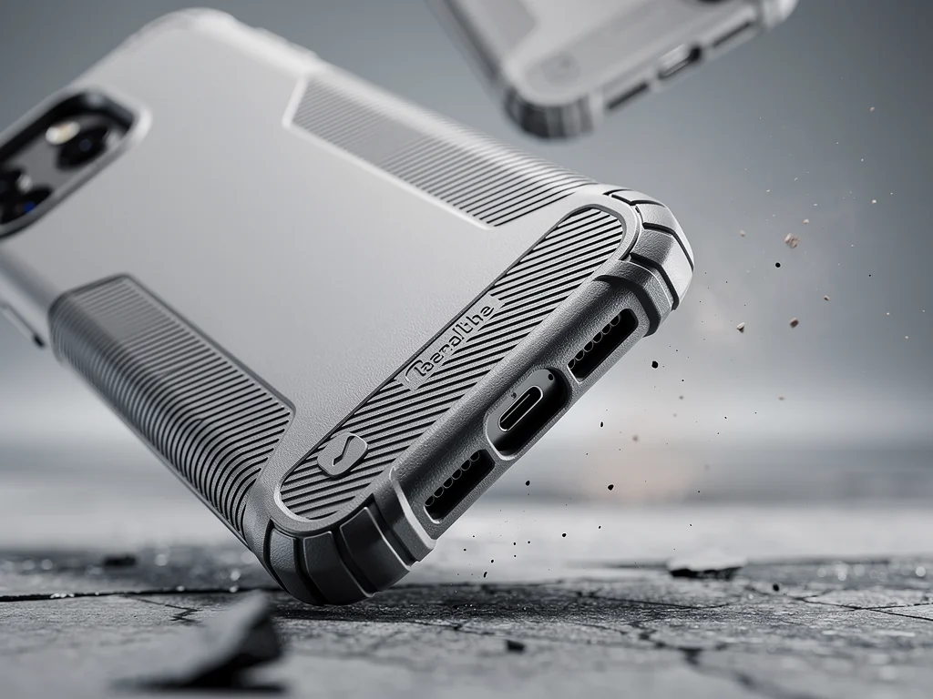 Close-up of a phone case showing textured grip and reinforced corners, emphasizing ergonomic protection.
