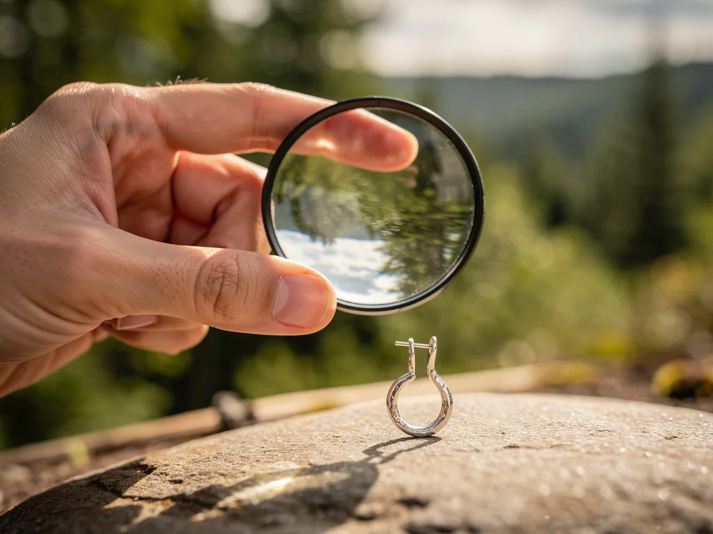 Hand examining an earring made from recycled silver, symbolizing sustainability