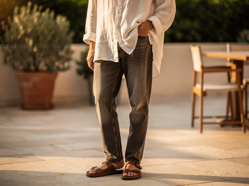 Casual person in oversized linen shirt and charcoal jeans on a sunny patio.
