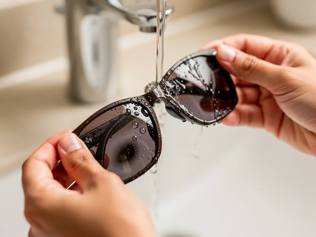 Rinsing sunglasses under lukewarm water