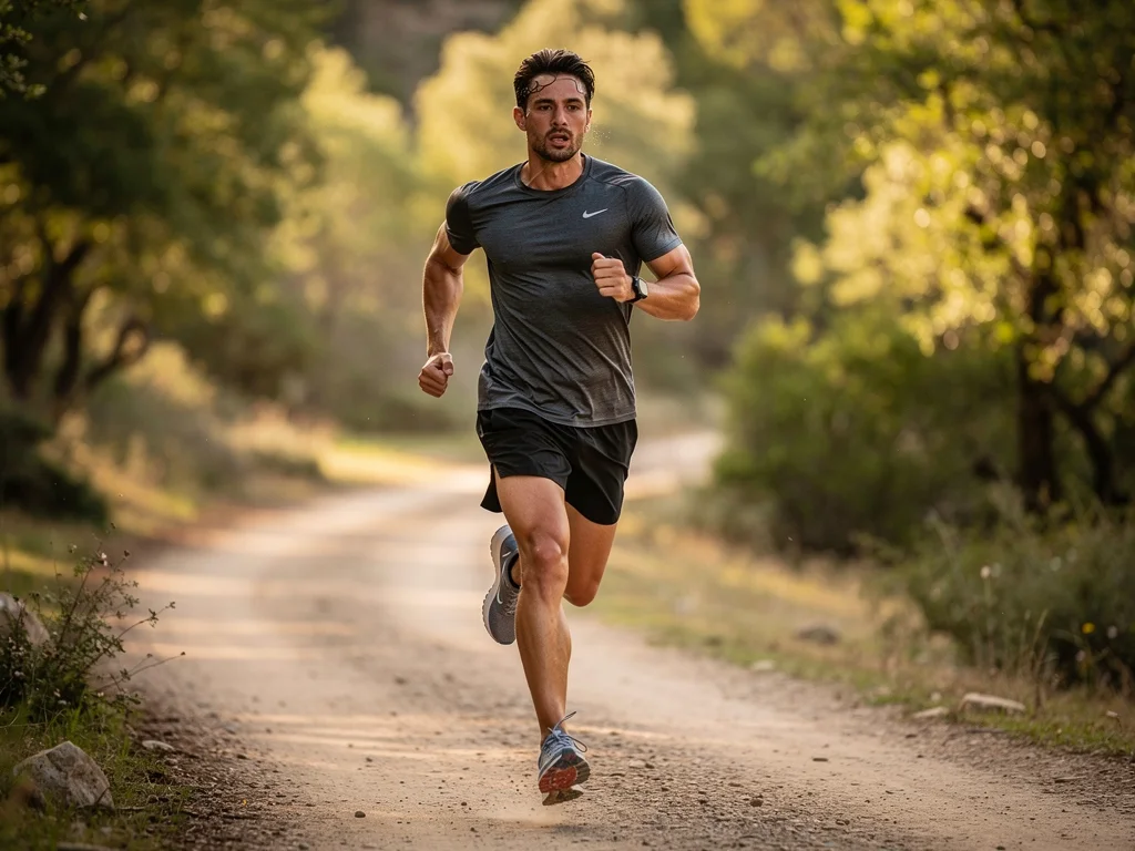 Runner wearing a perfectly fitted performance t-shirt on a trail