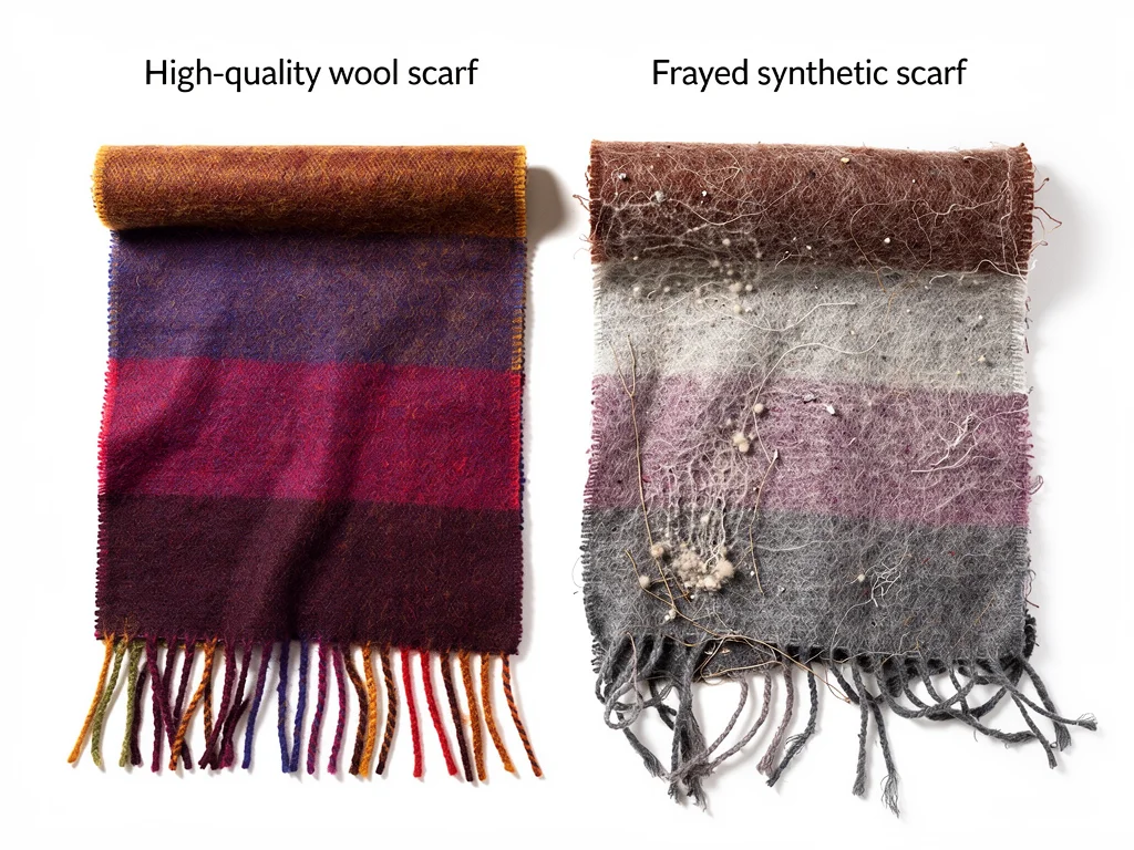 Comparison of durable wool scarf and worn synthetic scarf.