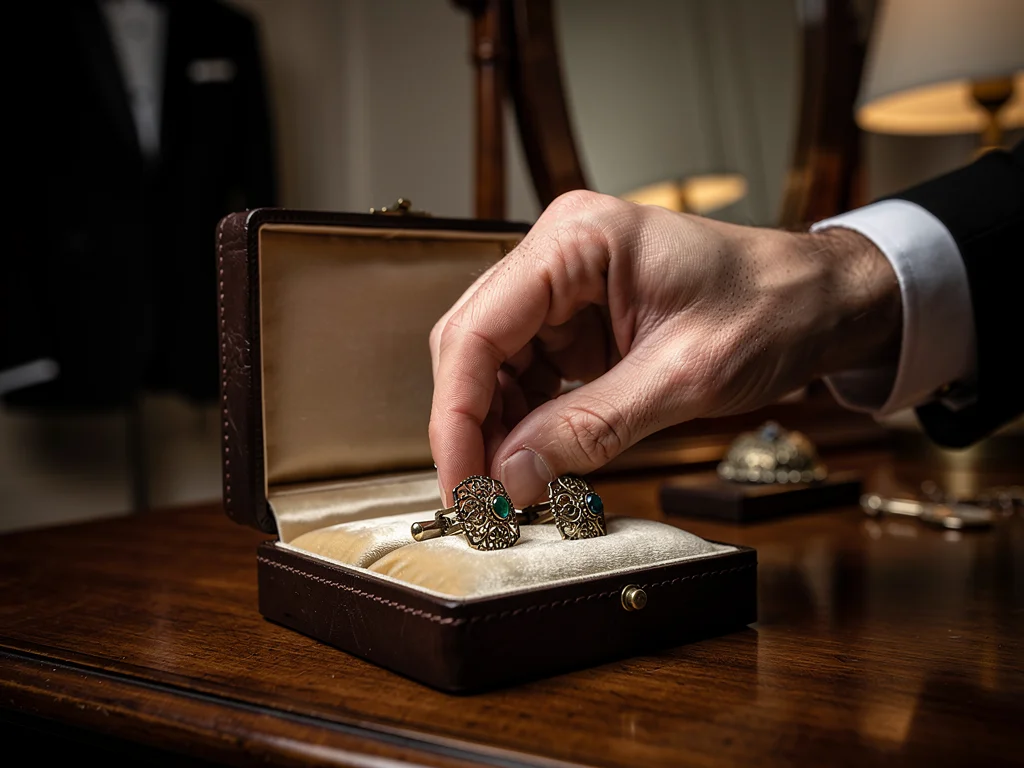 Selecting vintage-inspired cufflinks from a luxury box