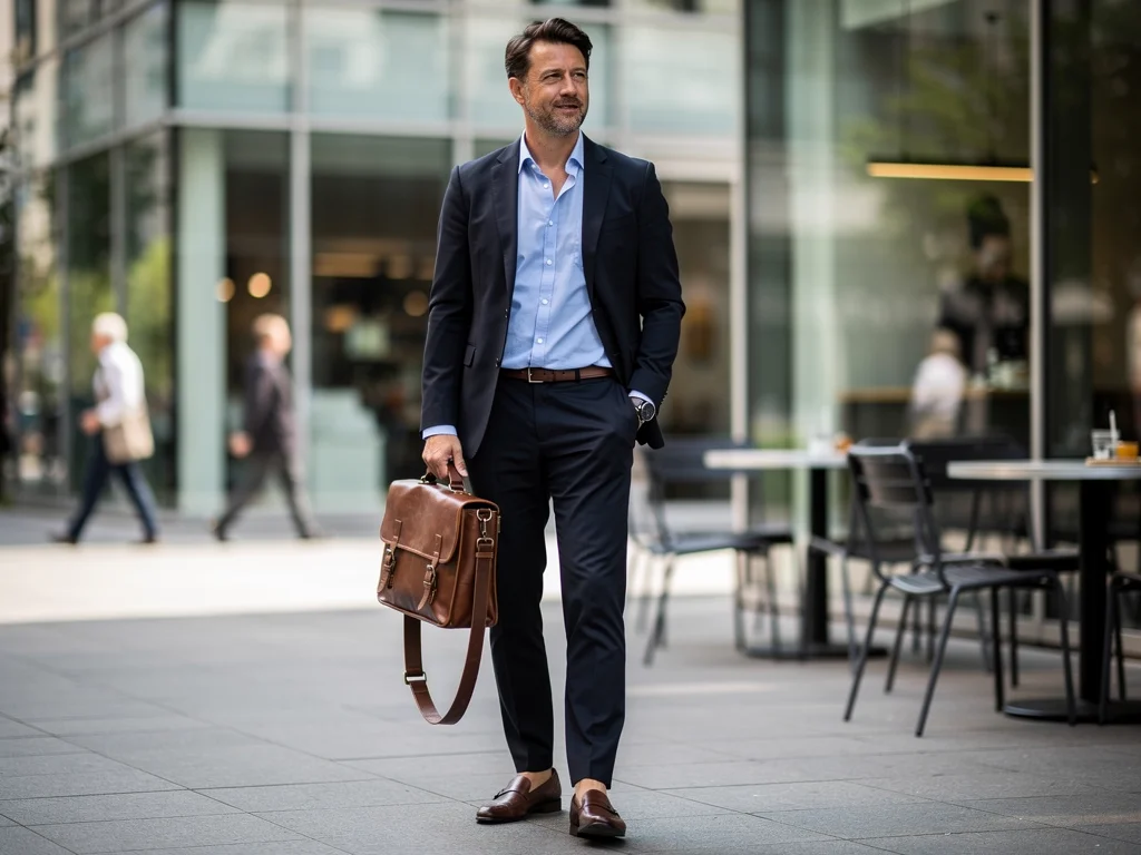 Man in a smart casual outfit featuring a blazer, button-down shirt, and chinos