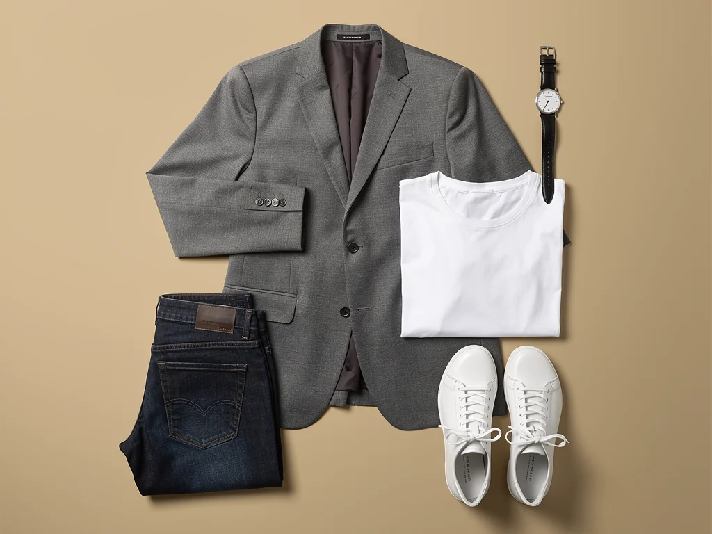 Flat lay of a smart casual blazer outfit with accessories