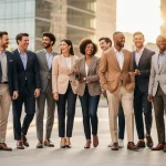Models showcasing stylish smart casual blazers in an urban environment