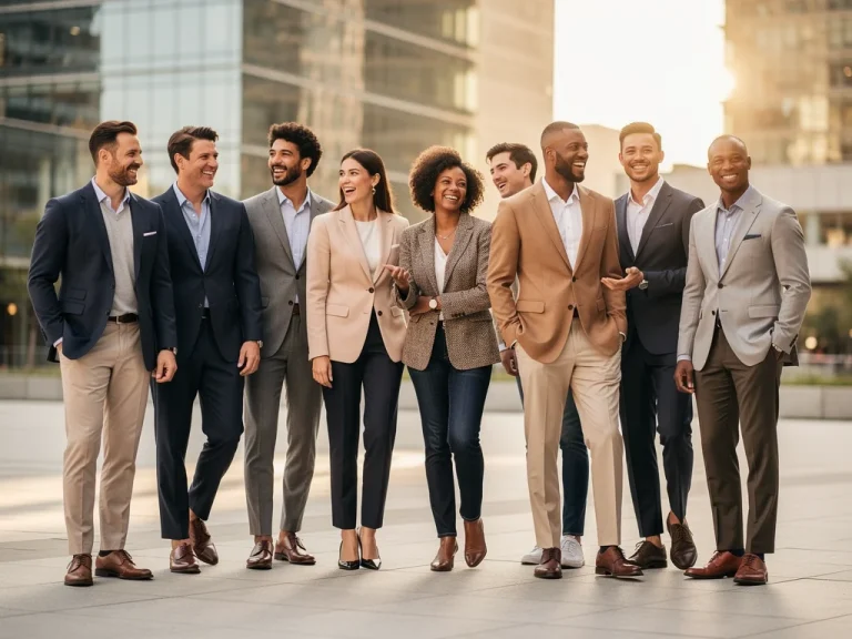 Models showcasing stylish smart casual blazers in an urban environment