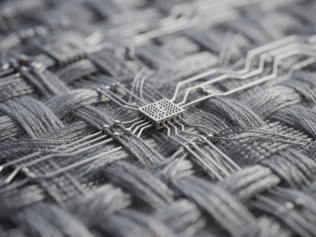 Detailed view of smart fabric with embedded micro-sensors and conductive threads.