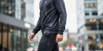 Stylish person in smart fabric casual wear, showcasing advanced textile technology.