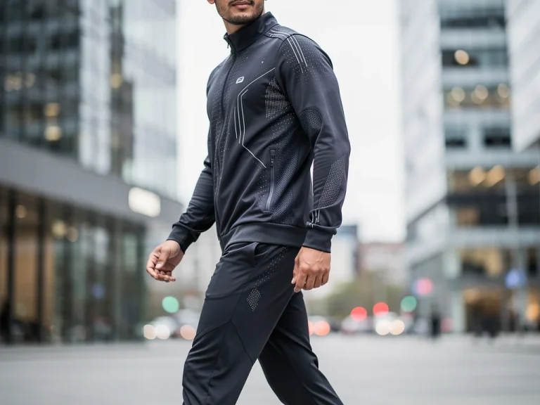 Stylish person in smart fabric casual wear, showcasing advanced textile technology.