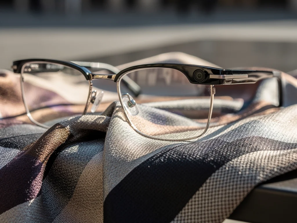 Elegant smart glasses on a designer scarf, showcasing fashion tech innovation