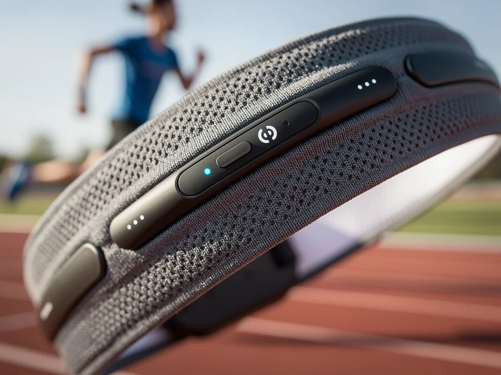 Close-up of a 2026 smart headband with biometric sensors for performance tracking.