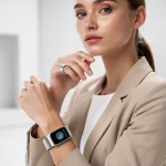 Wearable Tech Integration: 2 Key Accessory Trends by Mid-2026 Elegant woman showcasing smart jewelry, a blend of fashion and advanced technology.