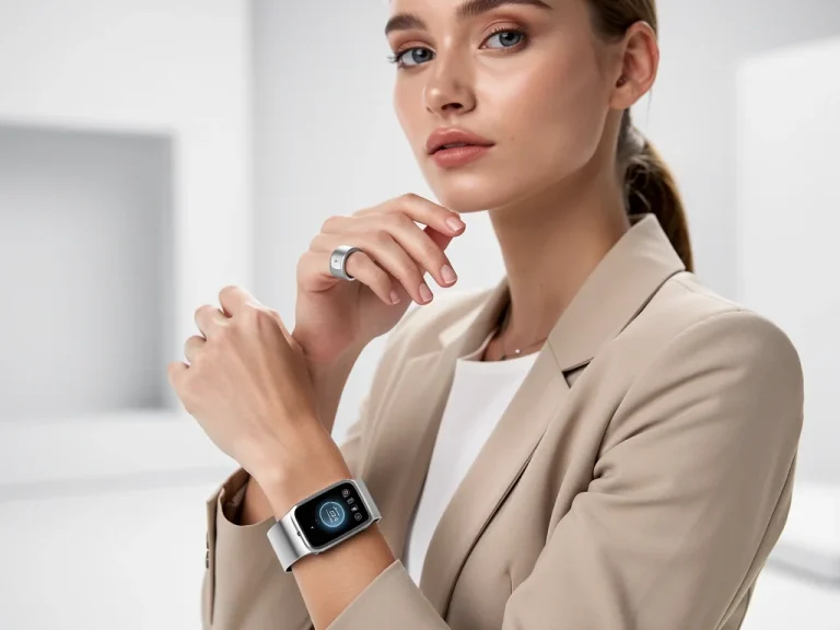 Elegant woman showcasing smart jewelry, a blend of fashion and advanced technology.
