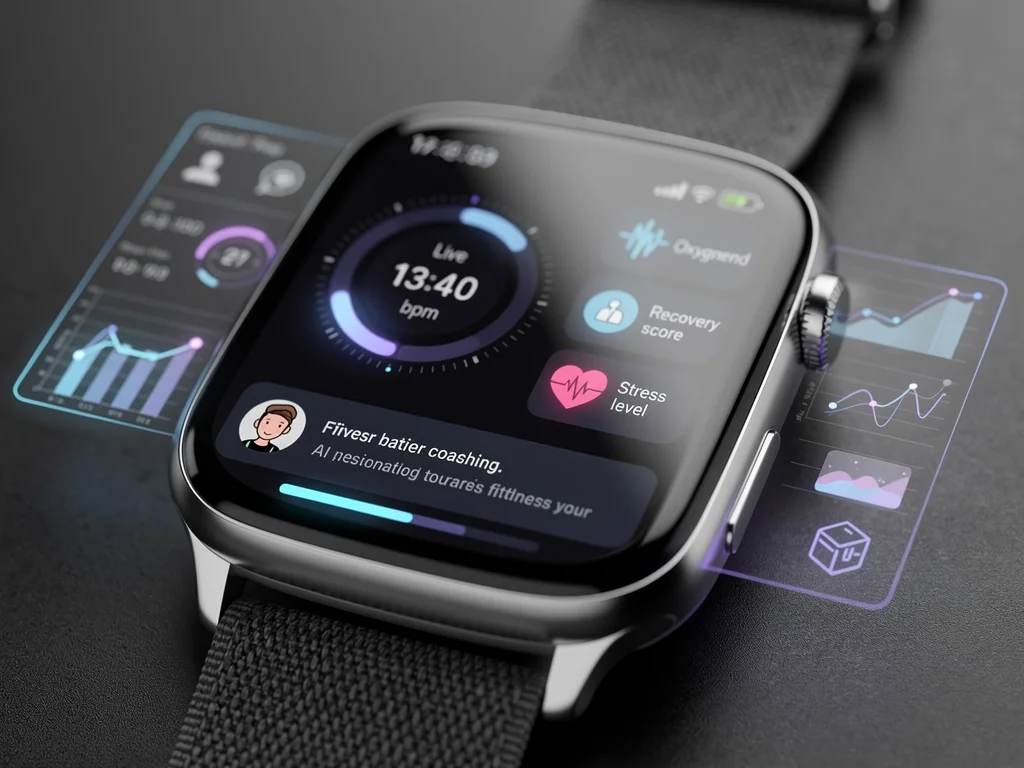 Advanced 2026 smartwatch interface showing AI fitness coaching and biometric analysis.