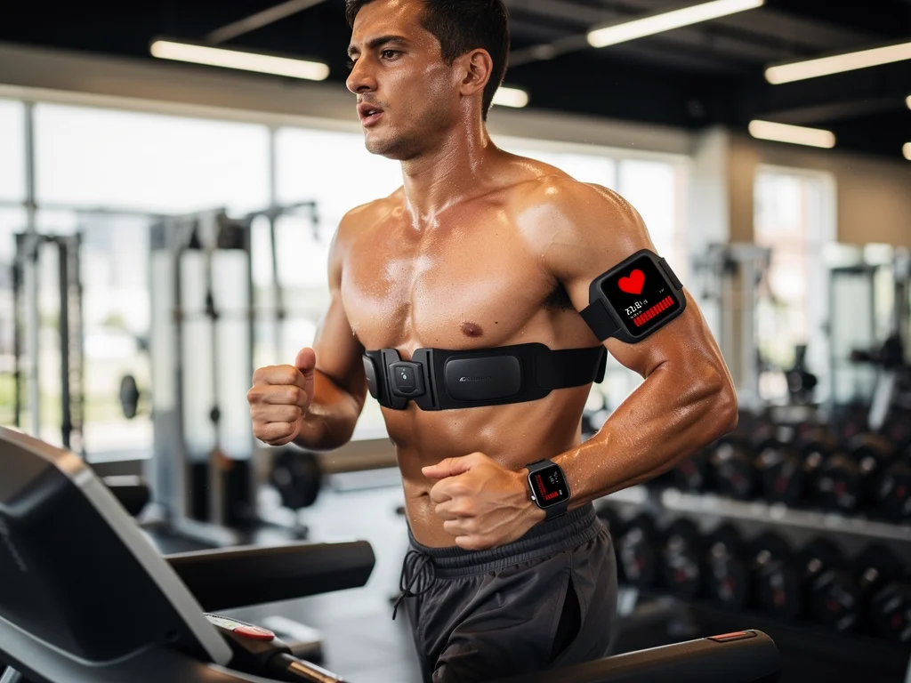 Athlete using a smartwatch with advanced chest strap heart rate monitor during exercise