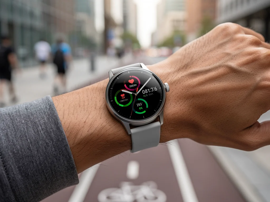 Minimalist 2026 smartwatch on a wrist, displaying health data during a city walk.