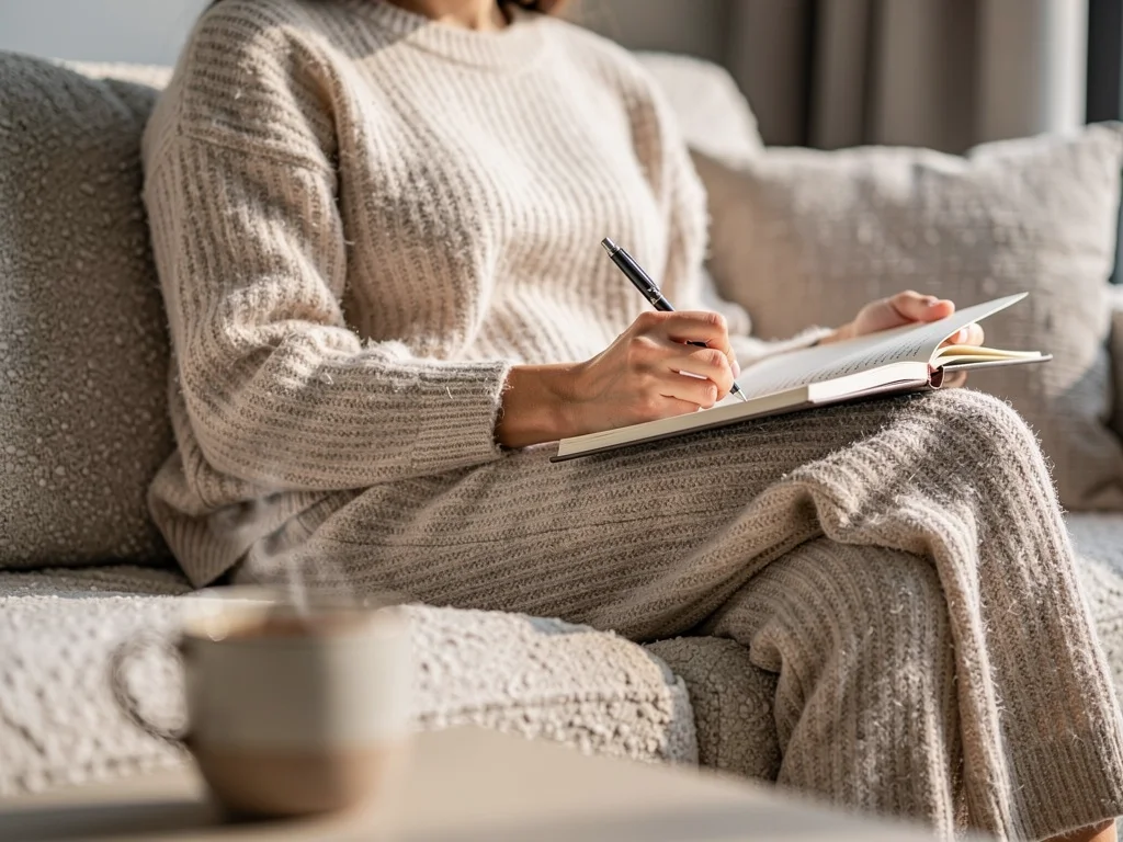 Woman in soft knitted loungewear taking notes on sofa, highlighting comfort.