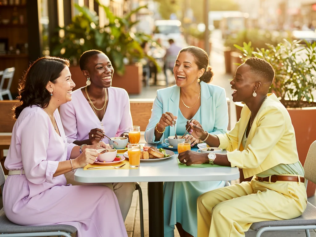 Friends wearing soft pastels and metallic sheen casual outfits at brunch