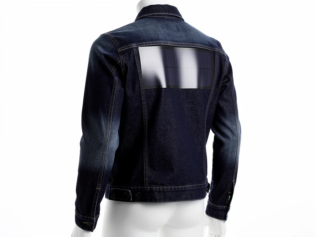 Minimalist denim jacket on mannequin, showing integrated flexible solar panel on back and discreet charging port.
