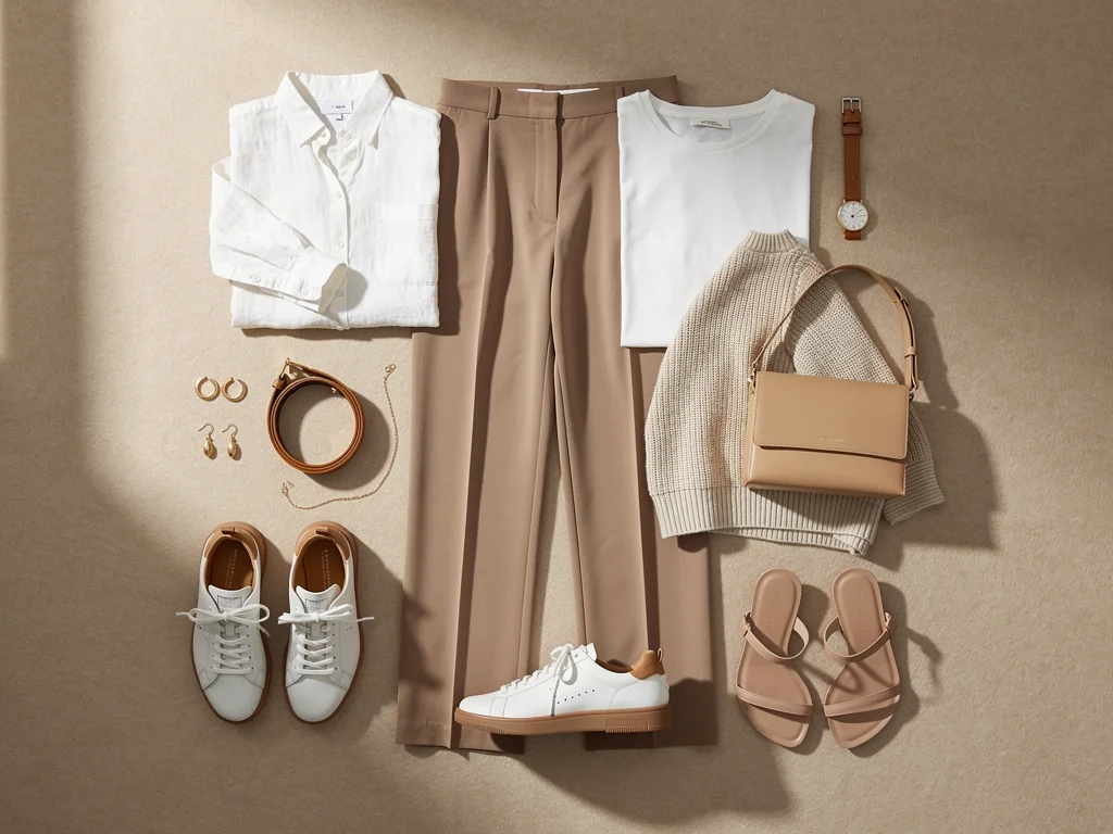 Curated spring 2026 capsule wardrobe flat lay