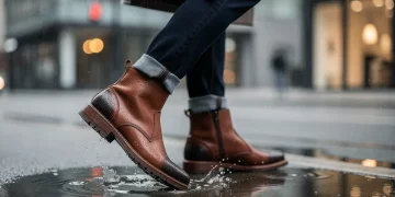 Stylish person walking in top casual boots 2026, city street rain