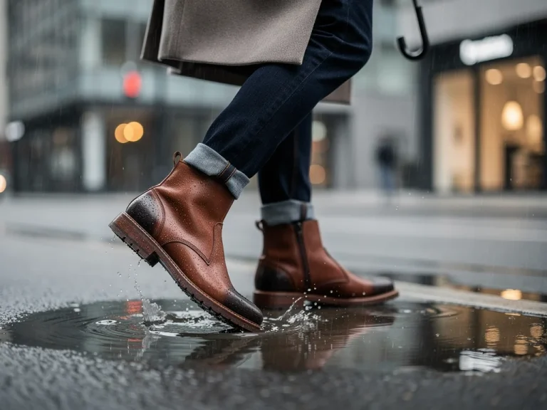 Stylish person walking in top casual boots 2026, city street rain