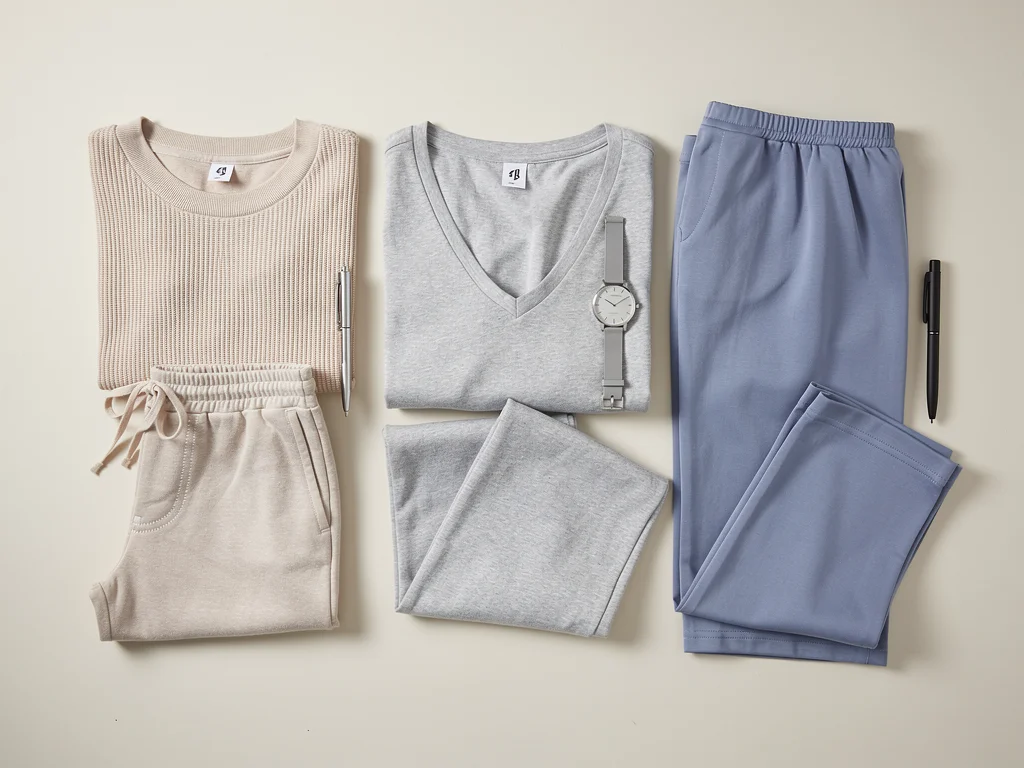Flat lay of three stylish loungewear sets in neutral tones, ready for work.