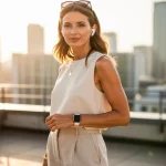 Summer 2026: Top 3 Tech Accessories for Fashion-Forward Individuals Fashion-forward woman displaying sleek smartwatch and wireless earbuds for summer 2026