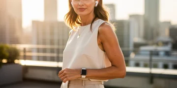Fashion-forward woman displaying sleek smartwatch and wireless earbuds for summer 2026
