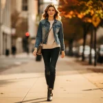 Woman in stylish layered outfit for summer to fall transition