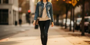 Woman in stylish layered outfit for summer to fall transition