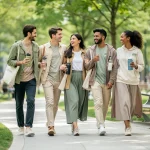 Group wearing sustainable casual fashion in urban park