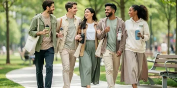 Group wearing sustainable casual fashion in urban park
