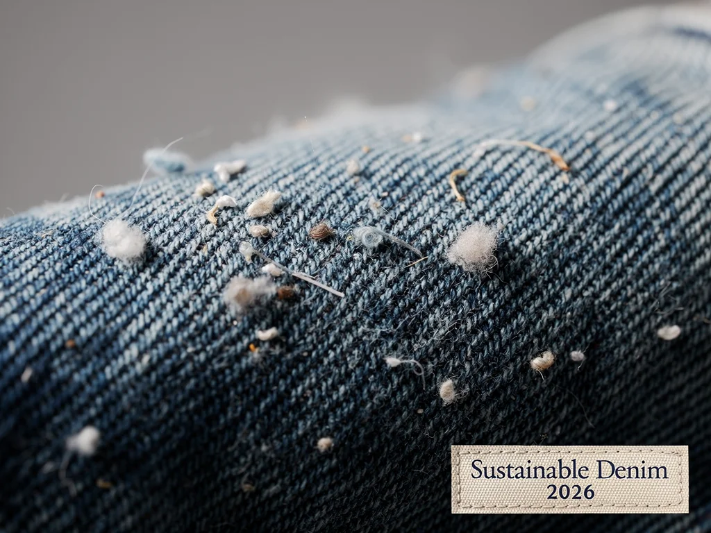 Close-up of sustainable denim fabric with recycled fibers and bio-dye, featuring a 'Sustainable Denim 2026' label.