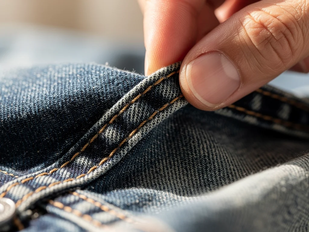 Close-up of hand inspecting sustainable denim fabric quality and stitching