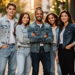 Diverse young adults confidently showcasing sustainable denim styles in an urban environment