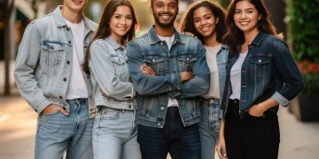 Diverse young adults confidently showcasing sustainable denim styles in an urban environment
