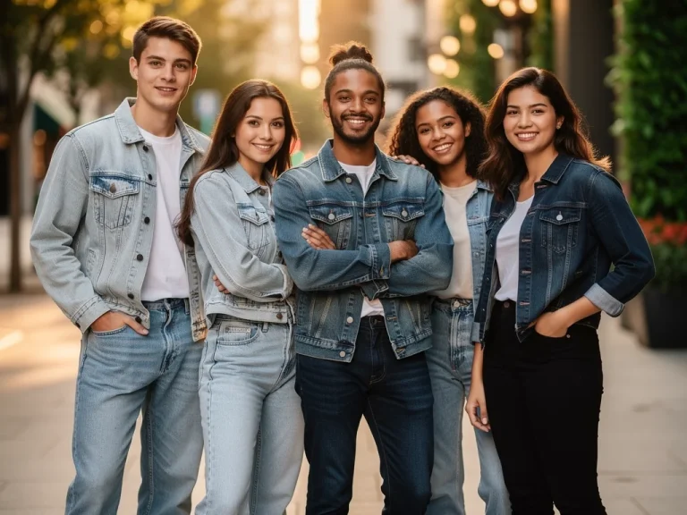 Diverse young adults confidently showcasing sustainable denim styles in an urban environment