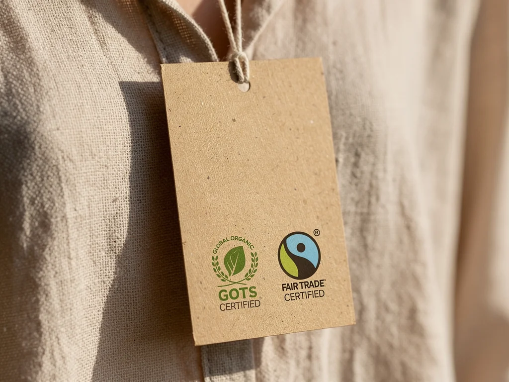 Sustainable fashion certifications on garment tag